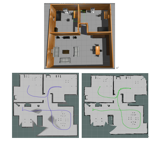圖3  Cartographer(左下)與GMapping(右下)在室內模擬環境(上)的建圖結果