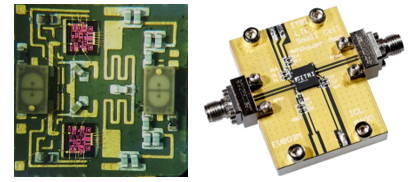 功率放大器SiP模組構(左)及封裝模組實體驗證電路(右)